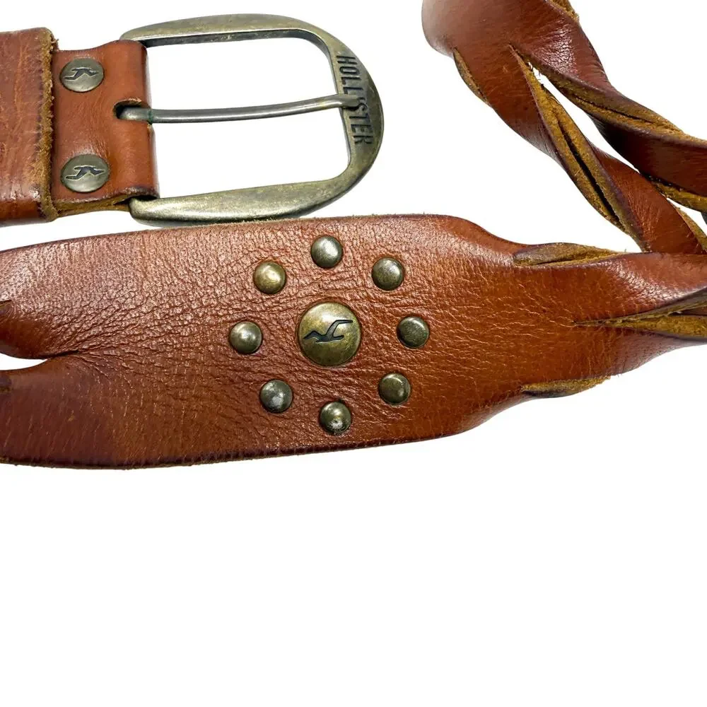Vintage Y2K Hollister Cognac Brown Leather Belt Women's Size Large Rivet Detail